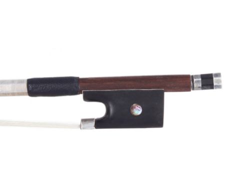 Good French silver mounted viola bow of the Pajeot workshop, unstamped, the stick round, the ebony frog inlaid with pearl eye