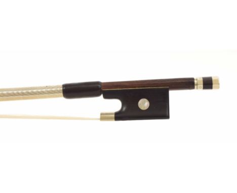 French nickel mounted violin bow of the Bazin School, unstamped, the stick round, the ebony frog inlaid with pearl eyes and t