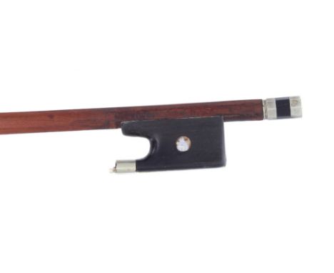 French nickel mounted violin bow, illegibly stamped, the stick round, the ebony frog inlaid with pearl eyes and the ebony adj