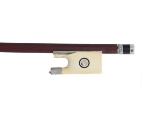 French nickel and ivory mounted violin bow, unstamped, the stick round, the ivory frog inlaid with nickel rings enclosing pea