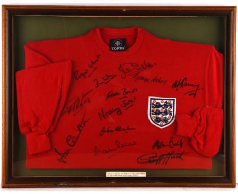 England 1966 Team Signed Shirt - Toffs replica England shirt with 13 autographs signed in black pen by the whole 1966 world c