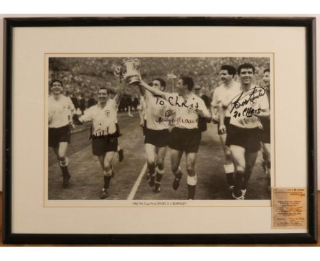 Tottenham Hotspur 1962 FA Cup Final print signed 'To Chris' by 3 Spurs players with ticket stubb, mounted glazed and framed, 