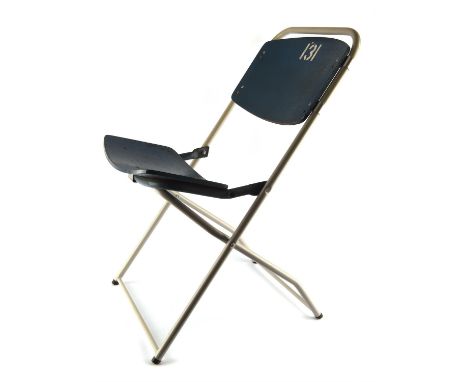 Original Old Wembley Stadium Chair - Number 131 wooden blue foldable chair. Provenance: consigned by a director of TOFFS the 