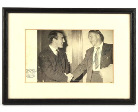 Tottenham Hotspur - Jimmy Greaves and Bill Nicholson signed cutting, mounted glazed and framed, approx 12 x 9 inches overall
