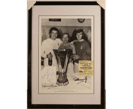 Tottenham Hotspur - signed photo print and separate signature of Spurs players after the UEFA Cup Final 1972, with match tick