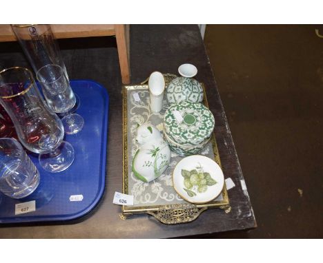 Two Royal Worcester hop dishes together with other ceramics and an embroidered tray
