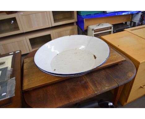 Two vintage white enamel pans