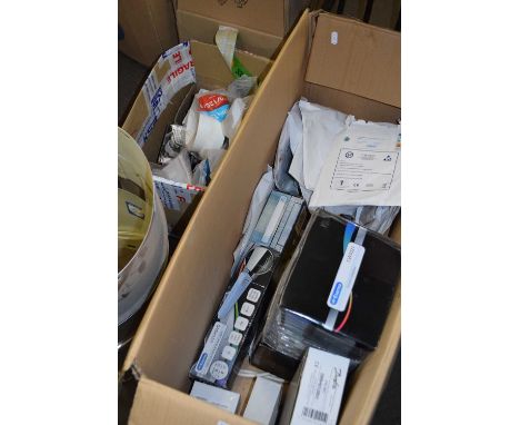 Box of various ceramic uplighters, LED tape etc
