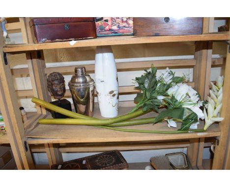 An electroplated cocktail shaker together with a bust on stand, Rosenthal, Björn Winblad vase and artificial flowers