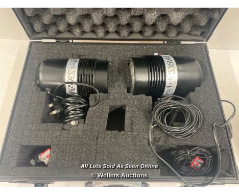 A PAIR OF PORTAFLASH STUDIO LIGHTING 336VM PHOTOGRAPHY LIGHTS, BOTH IN WORKING ORDER. CASED 