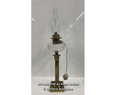 BRASS COLUMN OIL LAMP WITH CUT GLASS FONT AND CHIMNEY, CONVERTED TO ELECTRICITY, 75CM HIGH 
