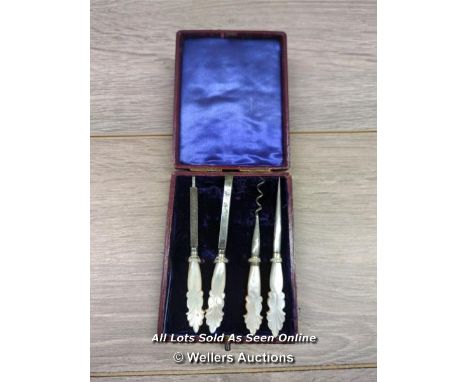 *4 ANTIQUE MOTHER OF PEARL HANDLED TOOLS IN LEATHER CASE, SILK &amp; VELVET LINING 
