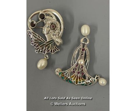 *TWO ENAMEL PLIQUE A JOUR BROOCH/PENDANTS, SET WITH RUBIES AND PEARL DROPS, IN WHITE METAL STAMPED AS SILVER