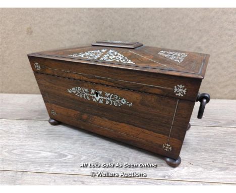 *ANTIQUE 19C REGENCY MOTHER OF PEARL INLAID ROSEWOOD SARCOPHAGUS TEA CADDY BOX