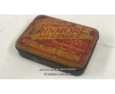 MURRAYS ERINMORE MIXTURE VINTAGE TOBACCO TIN STILL WITH TOBACCO IN GREASEPROOF PAPER, HINGED LID 