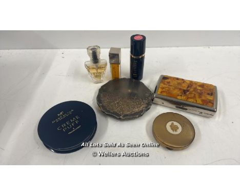 AMBER MOUNTED CIGARETTE CASE WITH VINTAGE COMPACTS AND PERFUME 