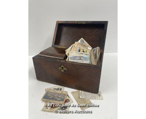 ANTIQUE TEA CADDY FULL OF ASSORTED CIGARETTE CARDS