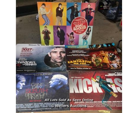 FIVE MOVIE PREMIERE RAILING CARDBOARD POSTERS MOST BEARING SIGNATURES, FILMS INCLUDE FANTASTIC MR FOX, KICK ASS, SLEUTH, CHIL
