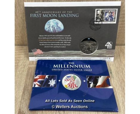 40TH ANNIVERSARY OF THE MOON LANDING £5 COIN &amp; FIRST DAY COVER WITH THE PERTH MINT UNITED STATES SILVER EAGLE 1 DOLLAR CO