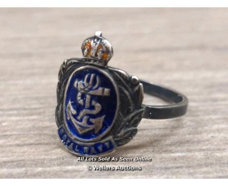 *WW2 ROYAL NAVY SWEETHEART RING K/C (UNMARKED SILVER?/ENAMEL)
