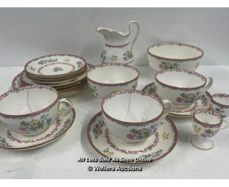 A PART MINTON BREAKFAST SERVICE INCLUDING MUGS, EGG CUPS, PLATES AND BOWLS. SOME PARTS HAVE BEEN REPAIRED. 