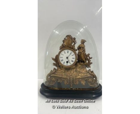 19THC BREVETE PARIS MANTLE CLOCK UNDER GLASS DOME, 7.5CM ENAMEL DIAL WITH ROMAN NUMERALS, IN WORKING ORDER WITH KEY. BASE AND