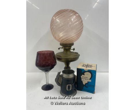 LARGE TILLY LAMP (WITHOUT GLASS TUBE), LARGE GLASS AND PEWTER TANKARD