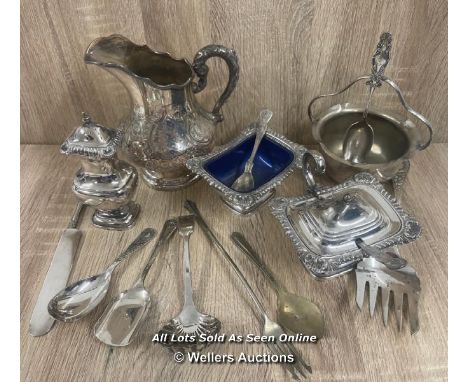 ASSORTED ANTIQUE SILVER PLATE ITEMS INCLUDING JUG, LARGE SALT SHAKER 12CM HIGH, BOWLS WITH SPOONS, LARGE FORK AND CUTLERY (12