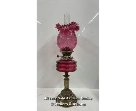 BRASS COLUMN OIL LAMP WITH CRANBERRY GLASS FONT - SHADE, CONVERTED TO ELECTRICITY 64.5CM HIGH 