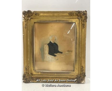 ANTIQUE WATER COLOUR PORTRAIT OF AN UNIDENTIFIED GENTLEMAN, UNSIGNED 35 X 40CM INCLUDING GILT FRAME 
