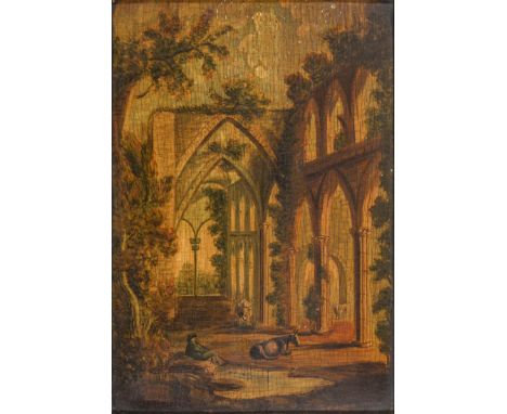 English Naive Artist, early 19th c - A Farmer and his Cattle in a Romantic Landscape of Abbey Ruins, indistinctly signed and 