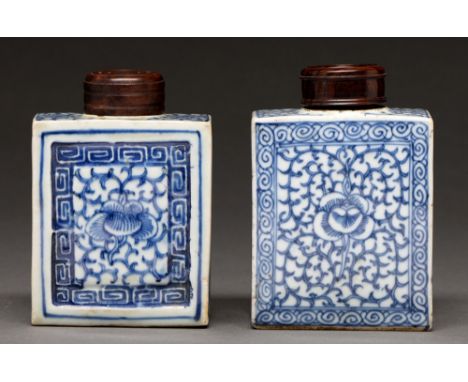 Two Chinese export blue and white tea caddies, early 19th c, painted with flower and tendrils, one in moulded fret surround, 