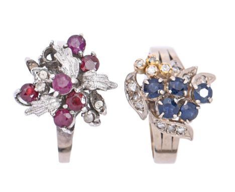 A sapphire and diamond ring and a ruby and diamond ring, both in white gold, one marked 14k 585, 9.3g, size N and R  Light we