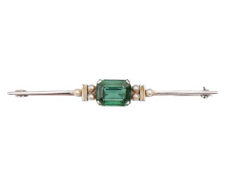 An Art Deco tourmaline and cultured pearl bar brooch, in white gold, 53mm l, marked 18ct, with an inventory number 4406, 3.4g