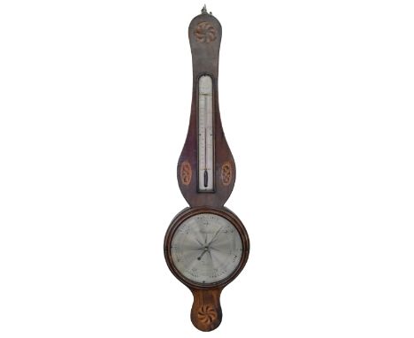 A Victorian barometer, Manticha &amp; Co, Fecit, with alcohol thermometer, inlaid with round and oval paterae outlined with b