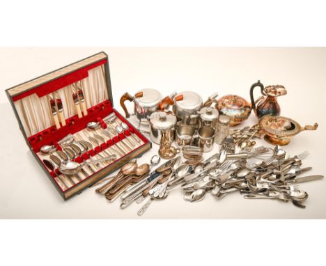 Miscellaneous pated ware, to include a late Victorian lamp shaped spoon warmer, flatware and two pewter Picquot ware teapots 