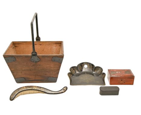 A black painted iron and deal housekeeper's bucket, early 20th c,&nbsp;a Victorian papier mache crumb tray and brush, a conte