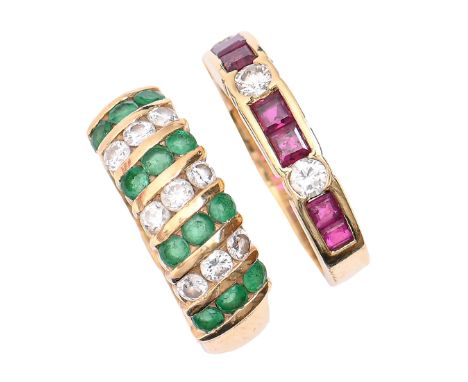 A diamond and calibre cut ruby ring and an emerald and diamond ring, both in 18ct gold, London 1988 and 1989, 9.1g, size K an