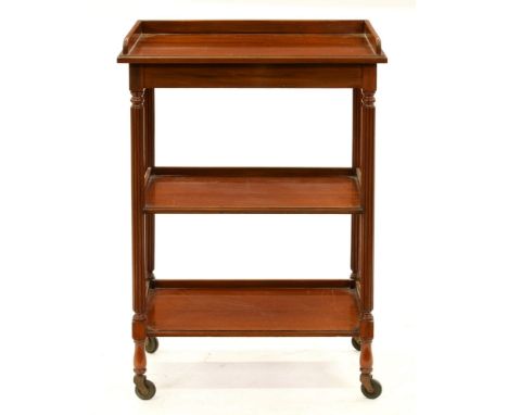 A mahogany etegere, early 19th c,&nbsp; of three tiers with fluted uprights, on castors, 88cm h; 37 x 61cm  Good condition