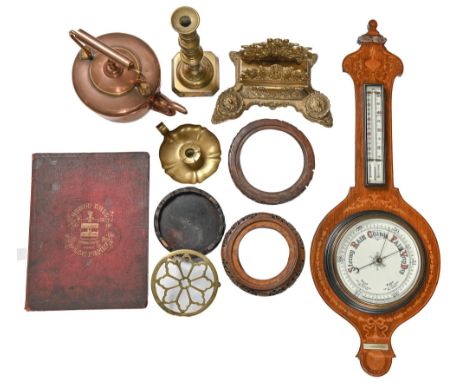 An Edwardian inlaid mahogany aneroid barometer, with mercury thermometer, three Chinese carved and pierced wood stands, a Vic