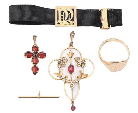 &nbsp;A pink paste and split pearl openwork pendant, c1910,&nbsp; in gold, 46mm h, marked 9ct, a garnet cross in gold, a 9ct 