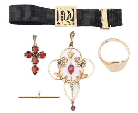 &nbsp;A pink paste and split pearl openwork pendant, c1910,&nbsp; in gold, 46mm h, marked 9ct, a garnet cross in gold, a 9ct 