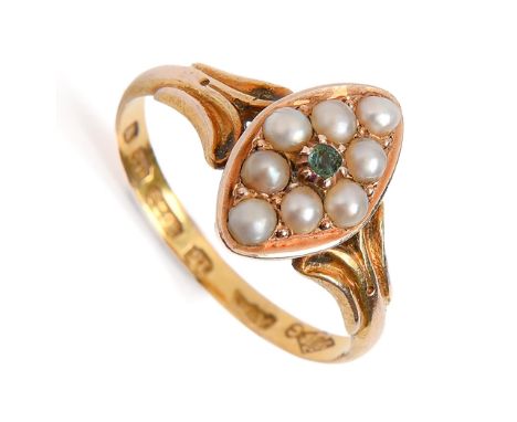 A Victorian emerald and split pearl ring, in 15ct gold with fluted shoulders, Birmingham 1871, 2.2g, size L, in contemporary 