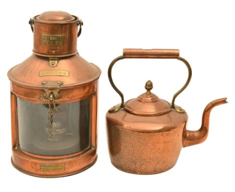 A copper ship's lamp, patent No 546575, with two embossed brass tablets - METEORITE, impressed 76675 and CERINTHUS, foil illu