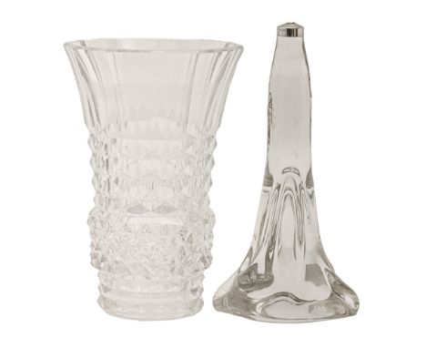 A Baccarat glass lamp, 30cm h, etched mark, lacks fitment and a cut glass vase (2)  Good condition