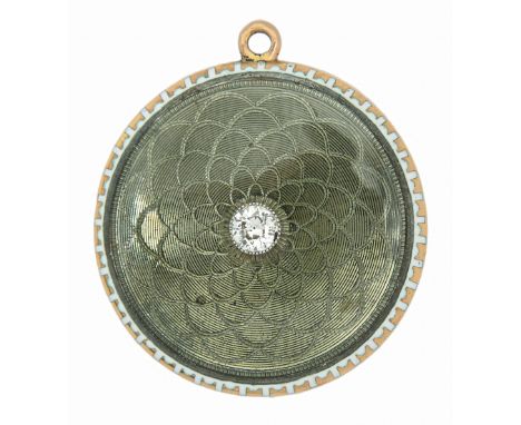 A diamond and white and green guilloche enamel and gold locket, c1910, 28mm diam, 12g  No chips or cracked