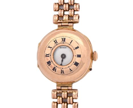 A Buren 9ct gold half hunting cased lady's wristwatch, 27mm diam, import marked London 1911, on associated early 20th c gold 