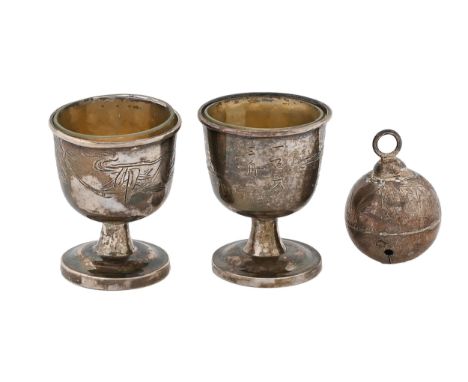 A pair of Chinese silver goblet-form salt cellars, early 20th c, glass liners, 55mm h, marked L K and in Chinese and a Chines