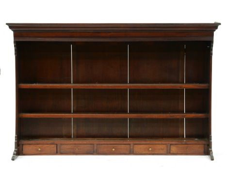 A George III oak dresser rack, with moulded cornice, reeded frieze and bordered shelves above a row of five spice drawers, 11