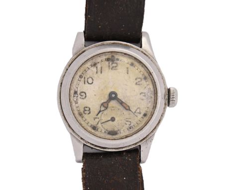 A WWII British Army Issue wristwatch,&nbsp;Enicar movement, 30mm diam, marked on case back Broad Arrow A. T. P 92591  Running